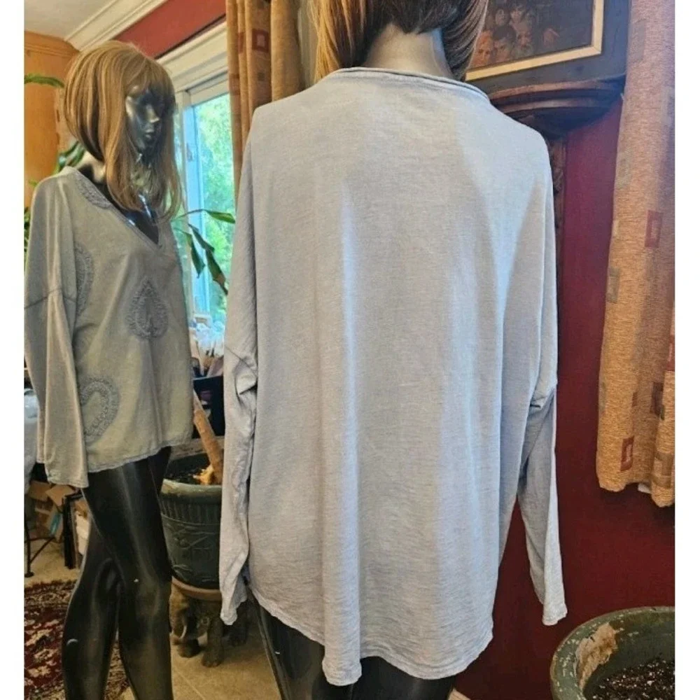 Made in Italy 100% Cotton Heart‎ Appliqué Lagenlook Oversized Boho Top Size O/S